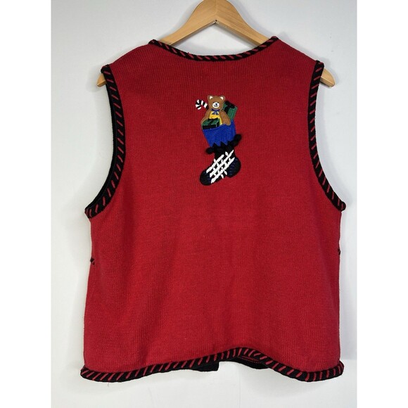 VTG Christmas Sweater Vest Women’s Ugly Christmas Sweater Size L Teddy Bear Red - Picture 2 of 6